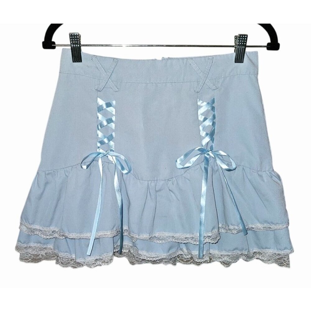 ROMWE Light Blue Lace Trim Ruffle Mini Skirt Ribbon Corset Y2K Coquette Medium 6